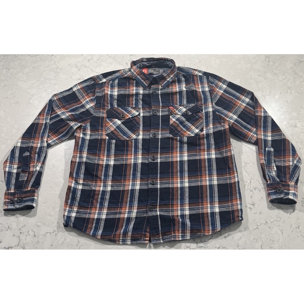 The American Outdoorsman Flannel Shirt Mens Large Navy Blue Orange Plaid Cotton